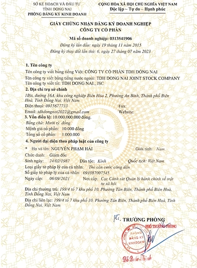 Giấy chứng nhận đăng kí doanh nghiệp Công ty Cổ Phần TDH Đồng Nai